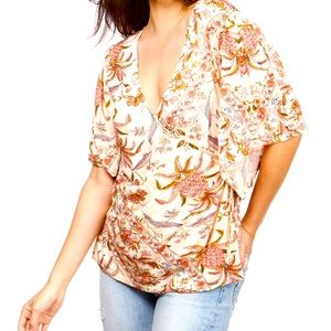 Lucky Brand Women’s V-Neck Floral Tropical Boho Flare Sleeve Side Tie Wrap Top